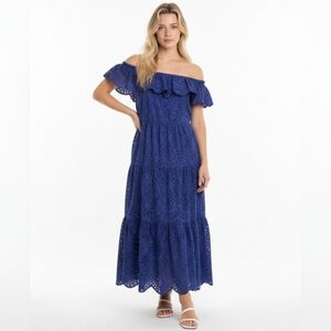 Motf Blue Eyelet Long Dress Lined Off The Shoulders Polyester Size L